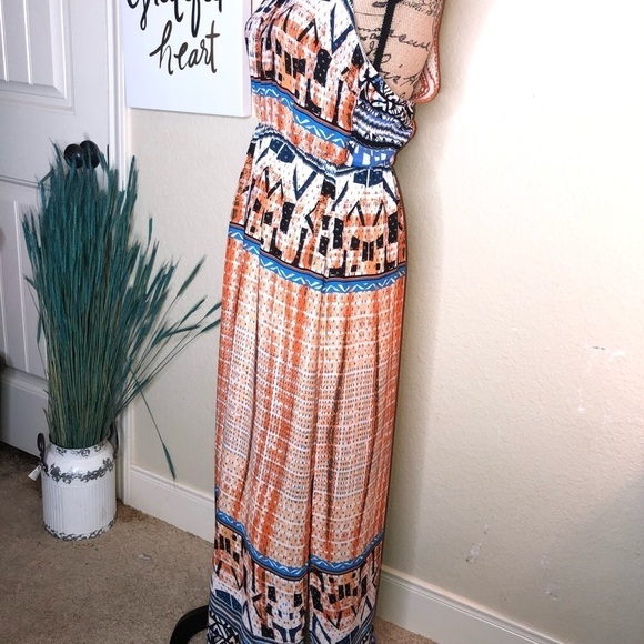 Jealous Tomato Crocheted Halter Back Orange, White & Blue Maxi Dress Size Small - Picture 2 of 8